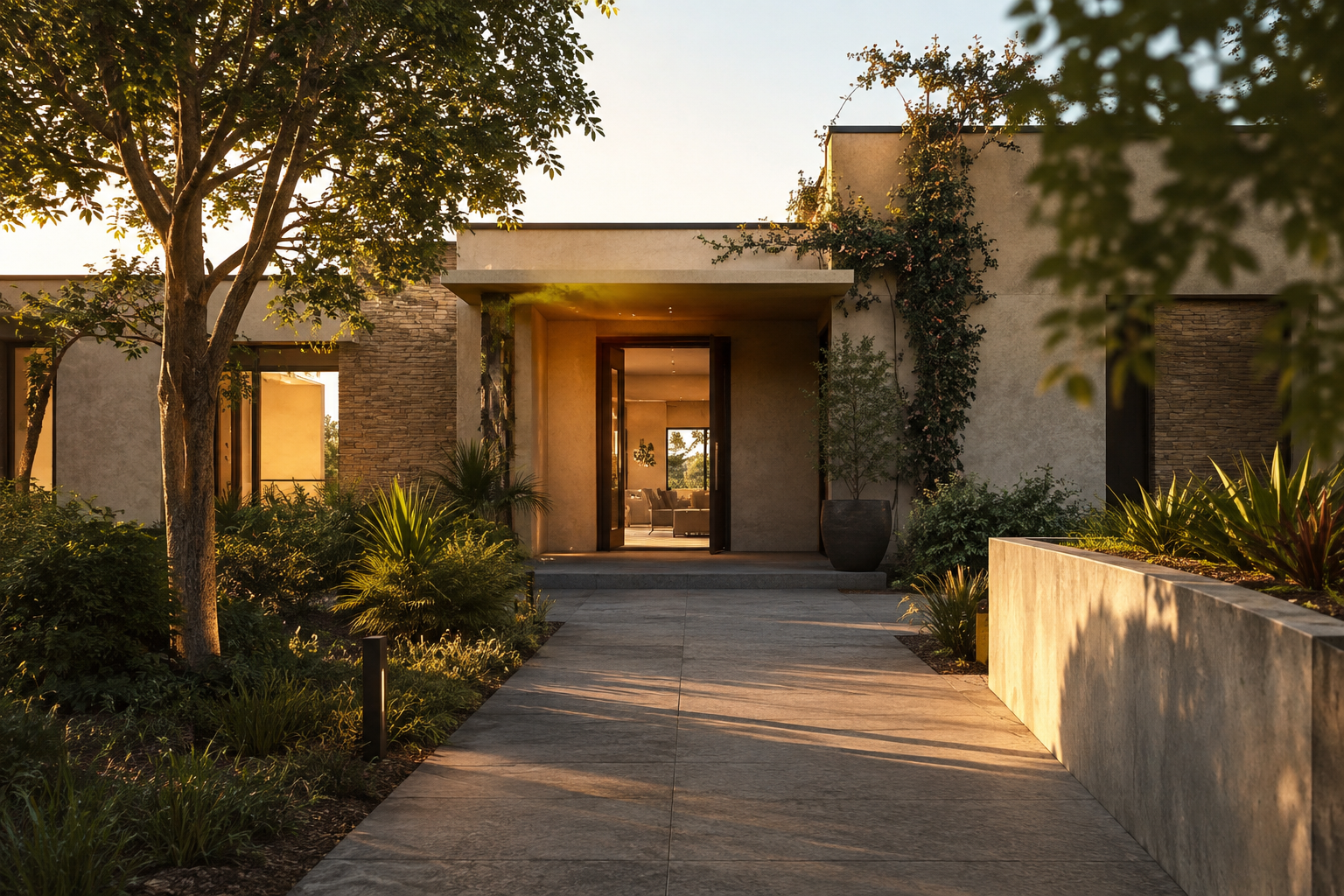 A welcoming residential entrance in warm evening light